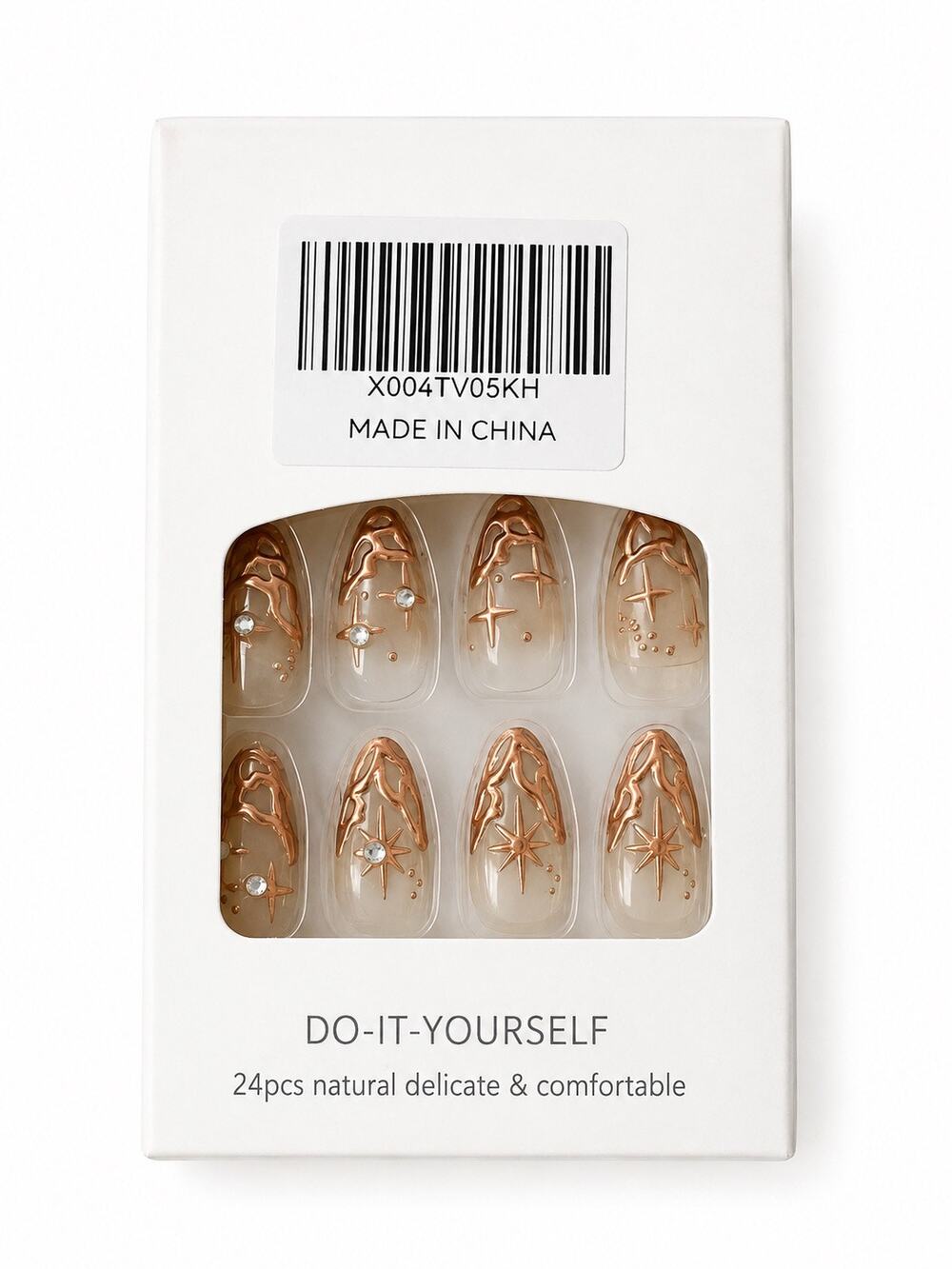 Rose Gold Celestial Press On Nails Moon Star Rhinestone Clear Full Set NIB